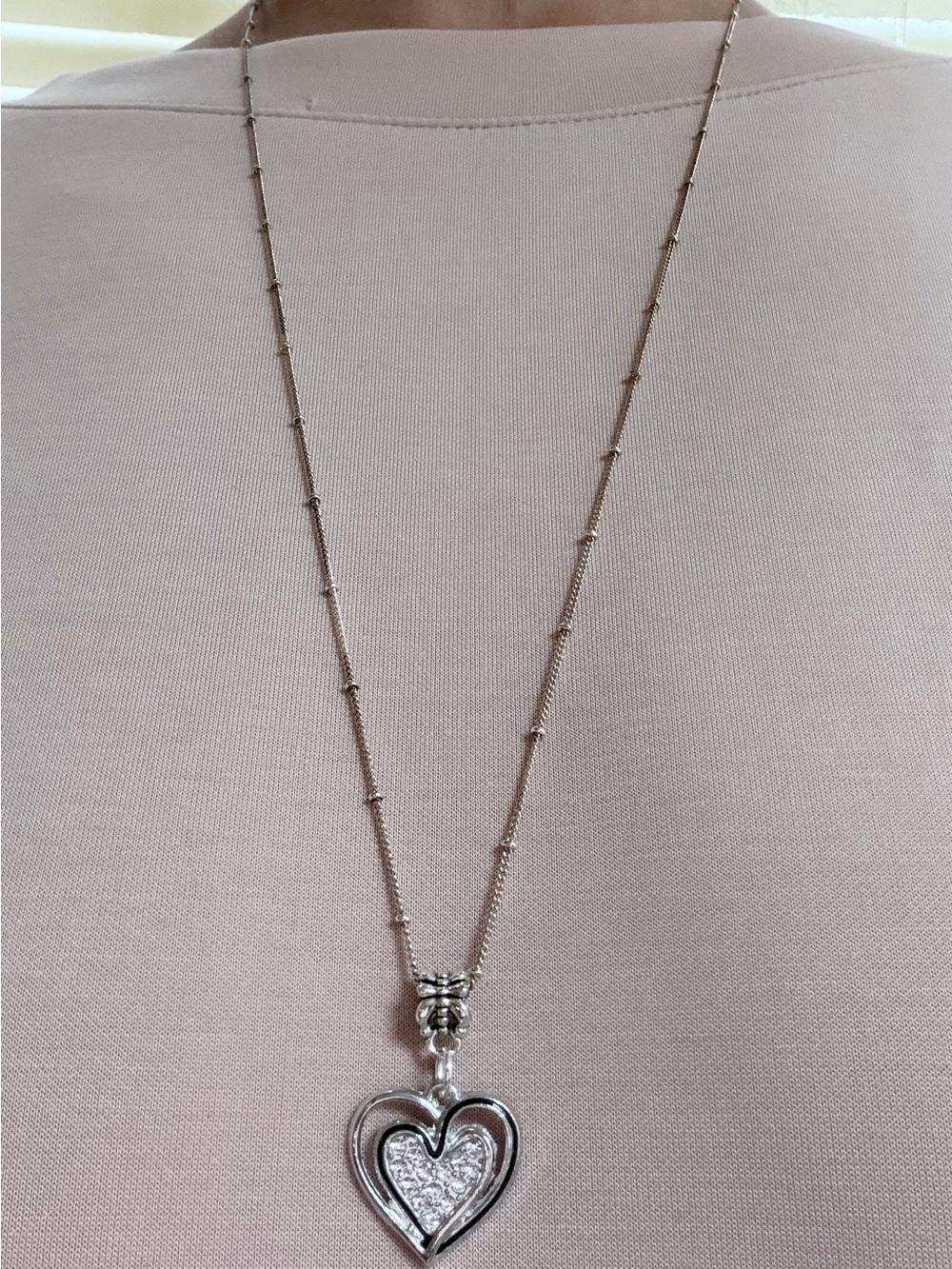 Station Chain Necklace 30"/ 75cm,3"extender,Pave crystal layered heart pendant